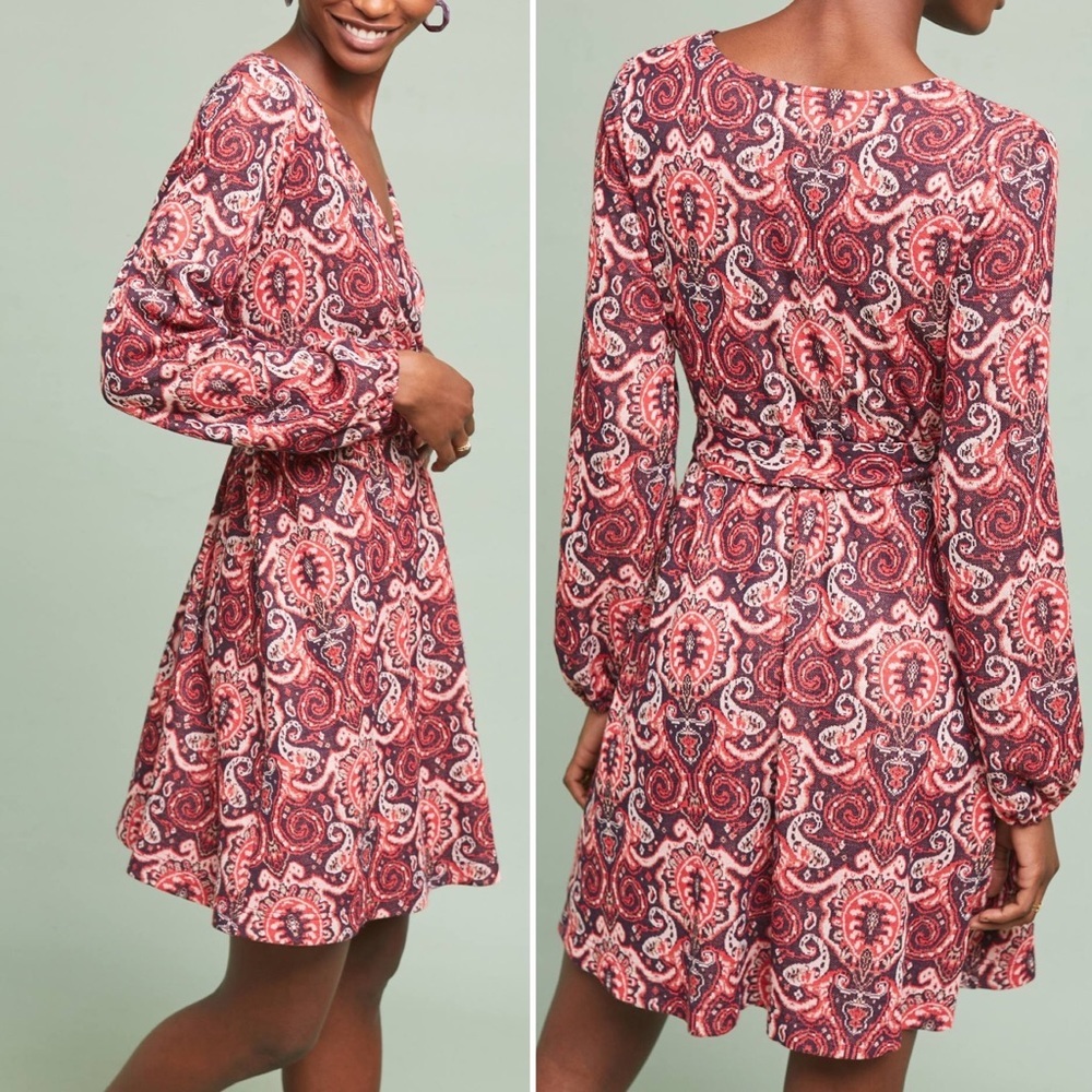 Anthropologie Maeve Belted Paisley V-Neck Long Sleeve A-Line Knit Dress Small - Picture 2 of 8